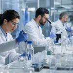 Pesquisadores analisam amostras em laboratório farmacêutico durante estudo para desenvolvimento de novos medicamentos.
