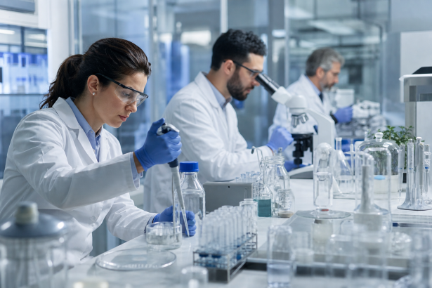 Pesquisadores analisam amostras em laboratório farmacêutico durante estudo para desenvolvimento de novos medicamentos.