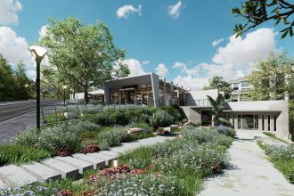 Renderização fotorrealista de um edifício contemporâneo com soluções sustentáveis, jardim paisagístico e céu azul.