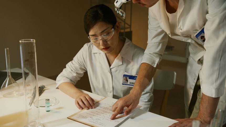 Dois pesquisadores de jaleco analisam anotações durante um estudo em um laboratório.